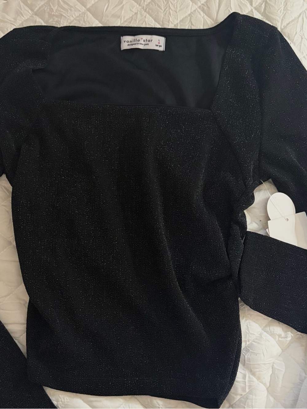 Black Shimmer Square Neck Long Sleeve Top 🖤